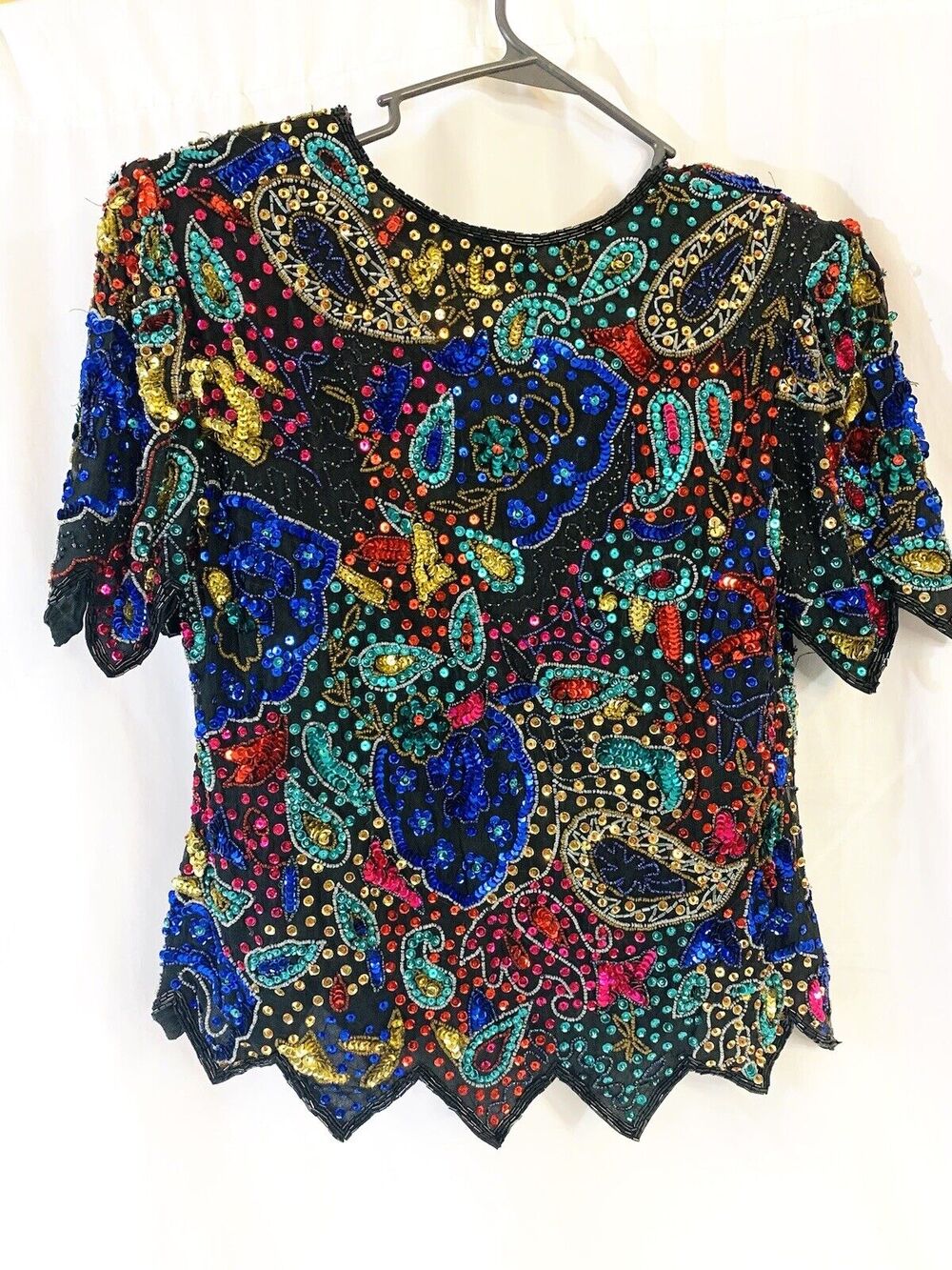 Vtg Colorful Beaded Sequin Laurence Kazar Silk Top Blouse Holiday Paisley